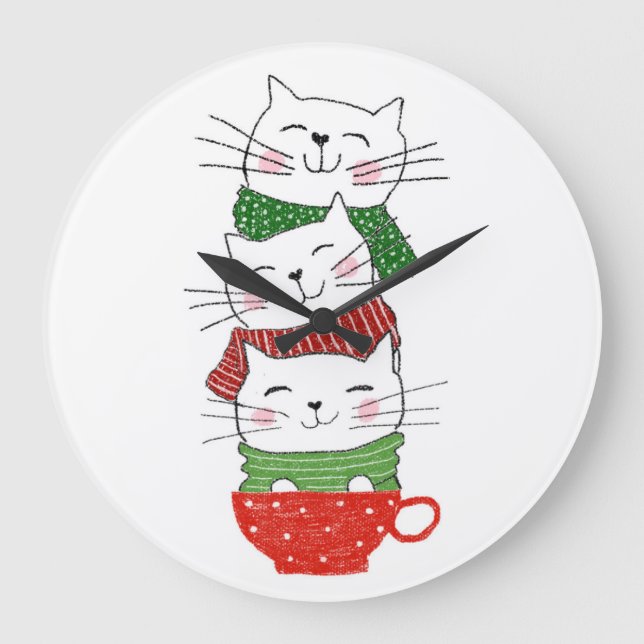 Christmas Cats Stacked Cup Scarves Funny Cute Large Clock (Front)