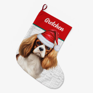 Christmas Cavalier Dog with Name Woof Background Large Christmas Stocking