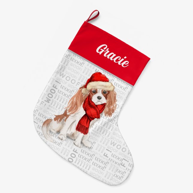 Christmas Cavalier King Charles with Dog's Name Large Christmas Stocking (Front (Hanging))