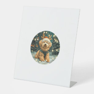 Christmas Cavapoo Reindeer Dog Santa Hat Cute Holi Pedestal Sign