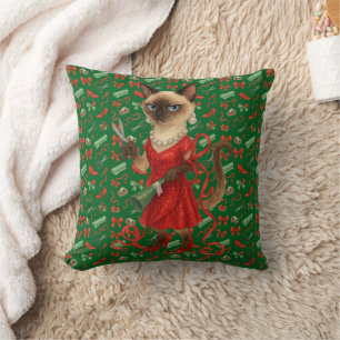 Christmas Celebrating with Siamese Cat  Cushion