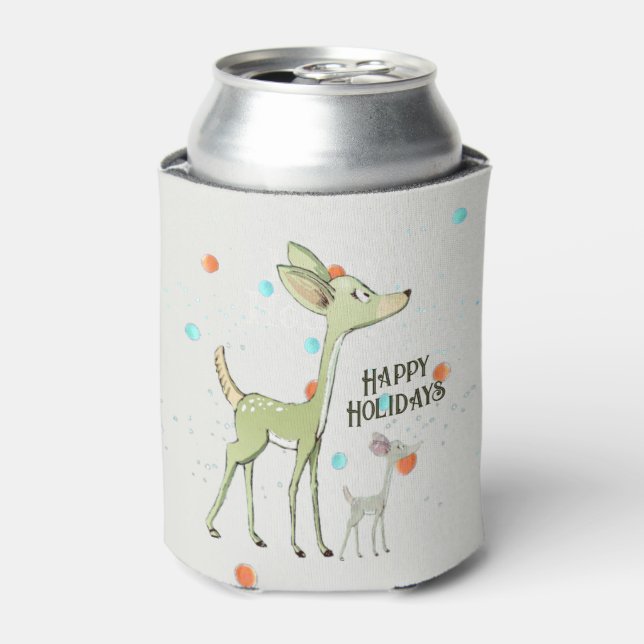 Christmas Celebration Green Deers Holidays Cute Can Cooler (Can Front)