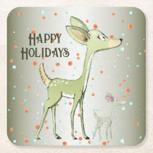 Christmas Celebration Green Deers Holidays Cute Square Paper Coaster