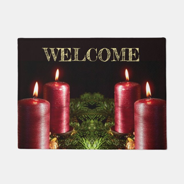 Christmas Celebration Red Candles Green Leaves Doormat (Front)
