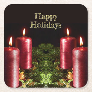 Christmas Celebration Red Candles Green Leaves Square Paper Coaster