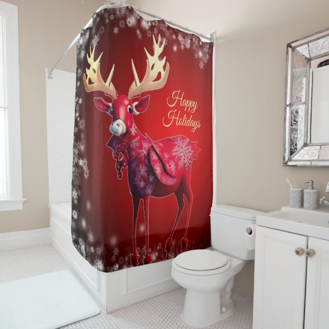 Christmas Celebration Red Reindeer Winter Holidays Shower Curtain (In Situ)