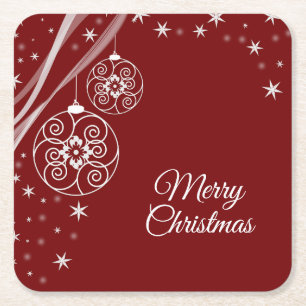 Christmas Celebration White Ornaments Stars Red Square Paper Coaster