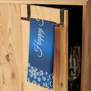 Christmas Celebration White Snowflakes Navy Blue Tea Towel