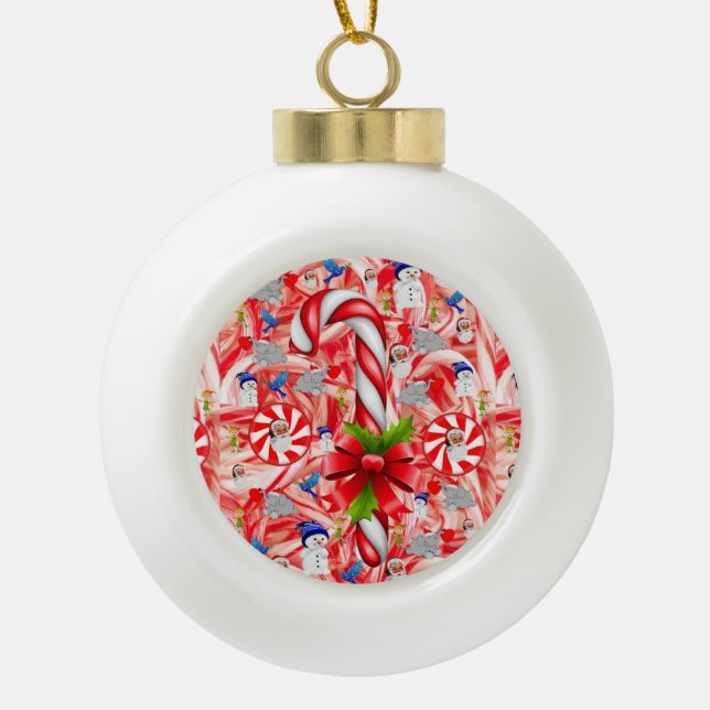 Christmas Ceramic Ball Ornament, Candy Cane Ceramic Ball Christmas Ornament (Front)