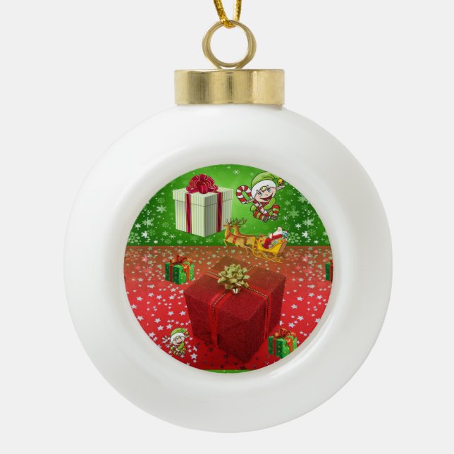Christmas Ceramic Ball Ornament, Elf Ornament (Front)