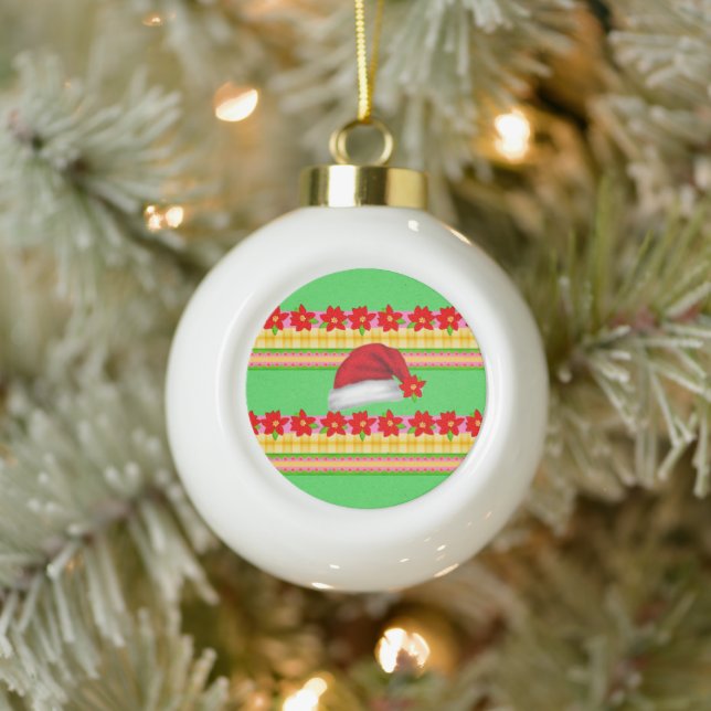 Christmas Ceramic Ball Ornament, Santa Hat Green  Ceramic Ball Christmas Ornament (Tree)