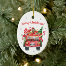 Christmas ceramic ornament with red car
