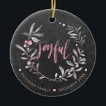 Christmas Chalkboard Mistletoe Blush Joyful Photo Ceramic Tree Decoration<br><div class="desc">Modern elegant Christmas ceramic ornament featuring a sage green watercolor hand painted mistletoe with foliage and blush berries and Joyful hand lettering script on a dark grey charcoal chalkboard background.            Personalise it with your text on front side and your photo on reverse!</div>