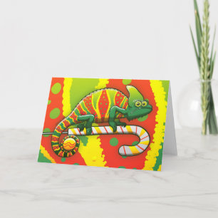 Christmas Chameleon Walking on a Candy Cane Holiday Card