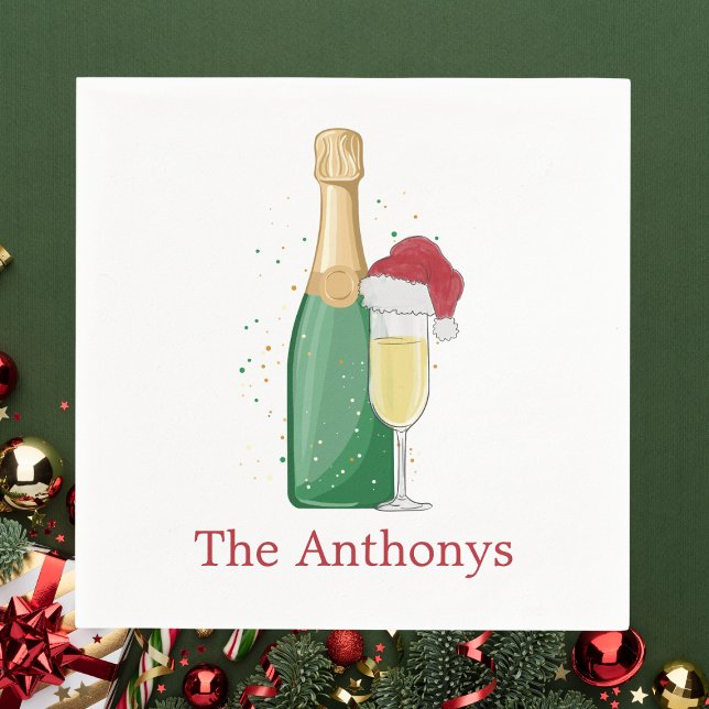 Christmas Champagne Bottle & Santa Hat Flute Name Napkin (Creator Uploaded)