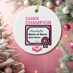 Christmas Champion Gamer Pink and Black Ceramic Tree Decoration
