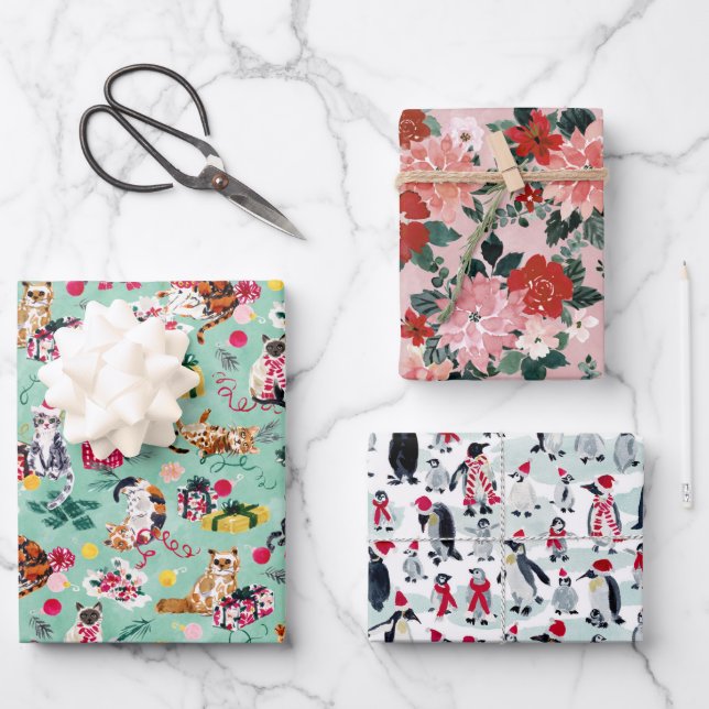 CHRISTMAS CHAOS BUNDLE CATS, PENGUINS, POINSETTIA WRAPPING PAPER SHEET (Front)