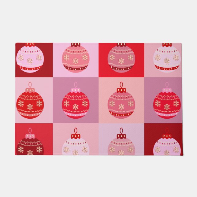 Christmas Check - Pink And Red Chequered Ornaments Doormat (Front)