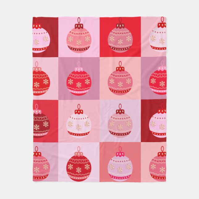 Christmas Check - Pink And Red Chequered Ornaments Fleece Blanket (Front)