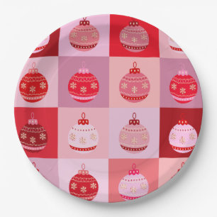 Christmas Check - Pink And Red Chequered Ornaments Paper Plate