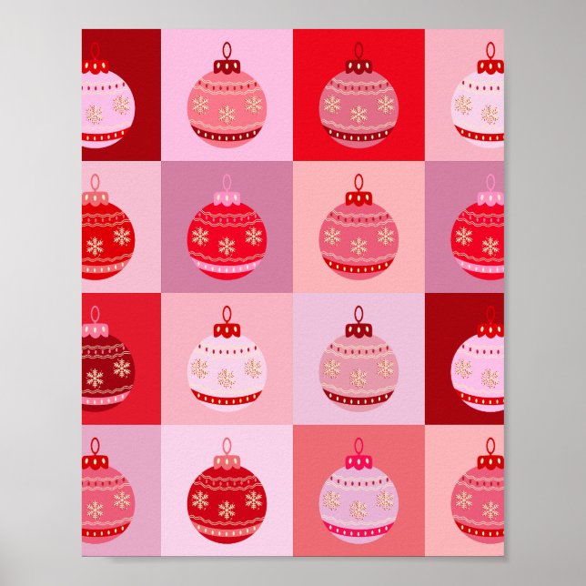 Christmas Check - Pink And Red Chequered Ornaments Poster (Front)
