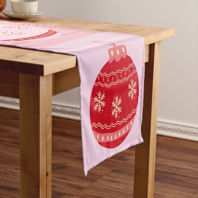 Christmas Check - Pink And Red Chequered Ornaments Short Table Runner (In Situ)