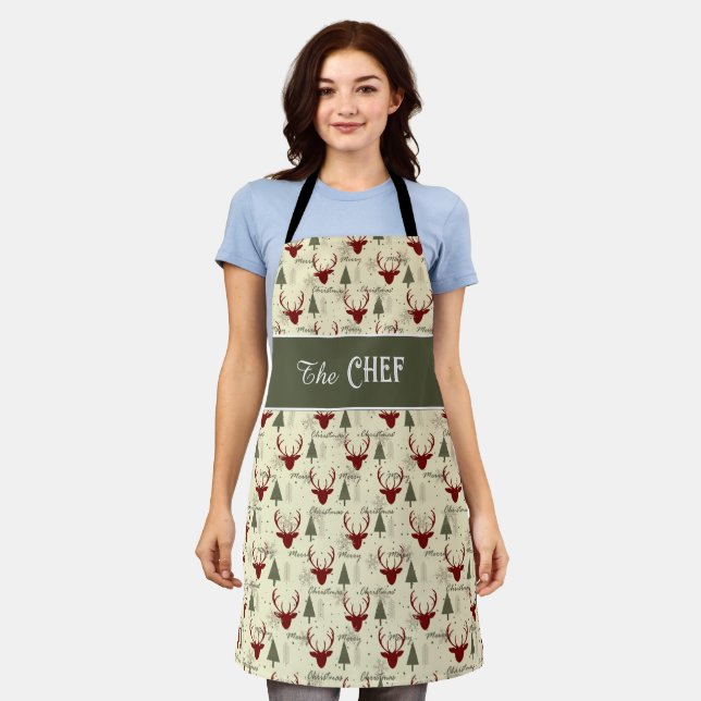 Christmas Cheer Apron with Deer and Trees (Worn)