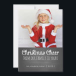 Christmas Cheer Holiday Photo Chalkboard Lettering<br><div class="desc">Christmas cheer cards black and white chalkboard lettering Holiday photo cards, with festive red and white stripes background (back) and handwritten capital letters. Chalkboard holiday photo card, by red_dress, featuring one photo, a dotted line divider and the white text "Christmas cheer from our family to yours", against a black chalk...</div>