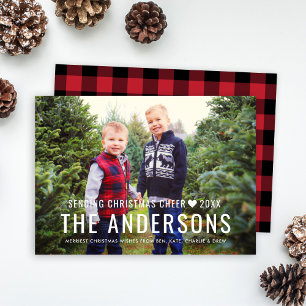 Christmas Cheer Red Buffalo Plaid Family Photo Holiday Card
