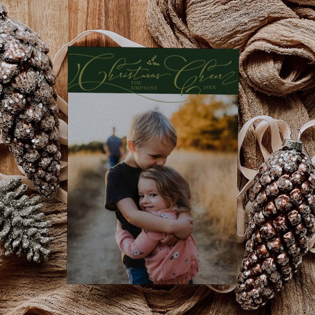 Christmas Cheer Script Green Christmas Photo Holiday Card (Creator Uploaded)