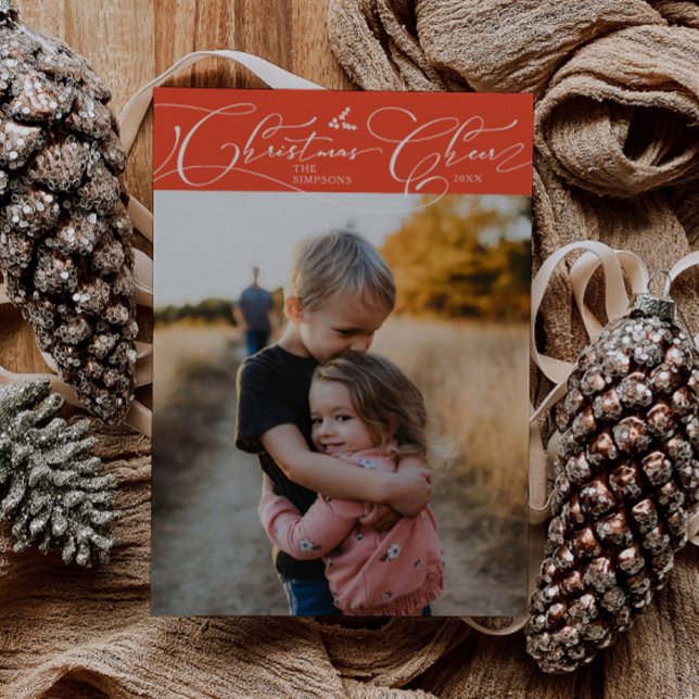 Christmas Cheer Script Red Christmas Photo Holiday Card (Creator Uploaded)
