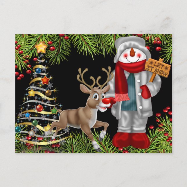 christmas cheer snowman reindeer scene postcard 2 (Front)