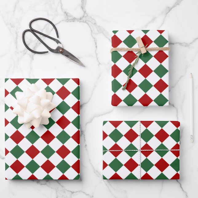 Christmas Chequerboard Pattern Red Green Wrapping Paper Sheet (Front)