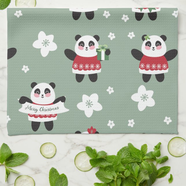 Christmas Cherry Blossom Panda Tea Towel (Folded)