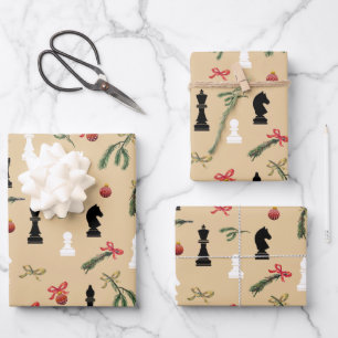 Christmas Chess Pieces Game Pattern Beige Wrapping Paper Sheet