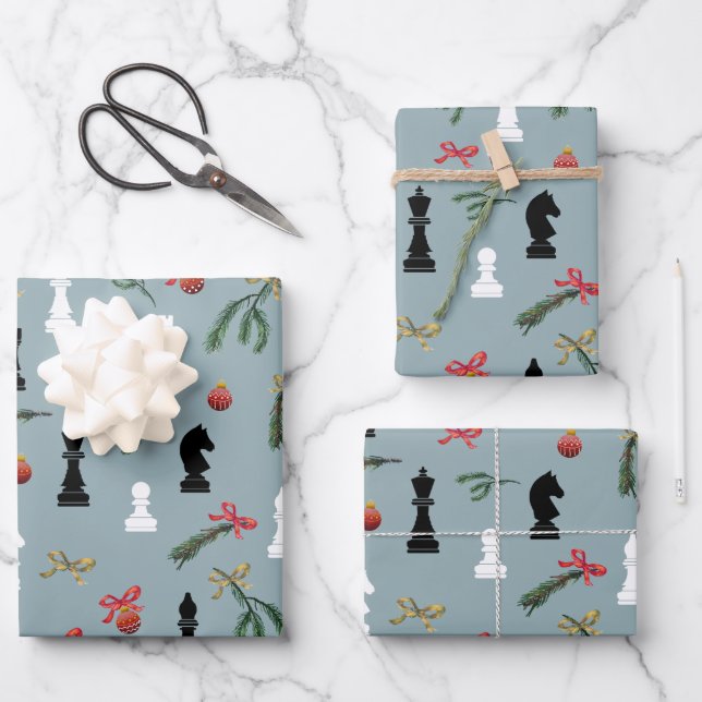 Christmas Chess Pieces Game Pattern Blue Wrapping Paper Sheet (Front)