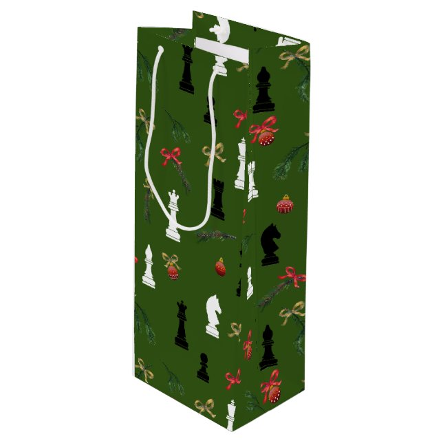 Christmas Chess Pieces Game Pattern Green Wine Gift Bag (Front Angled)