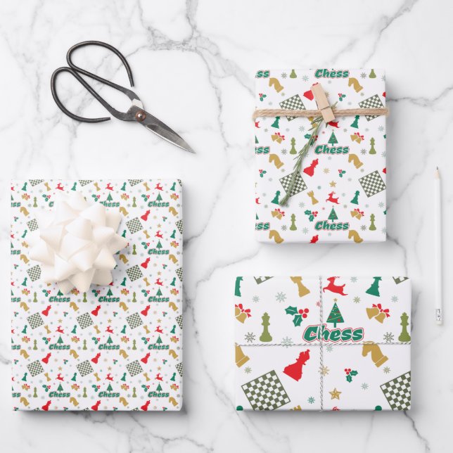 Christmas Chess - Pieces, Tree, Holly, Reindeer Wrapping Paper Sheet (Front)