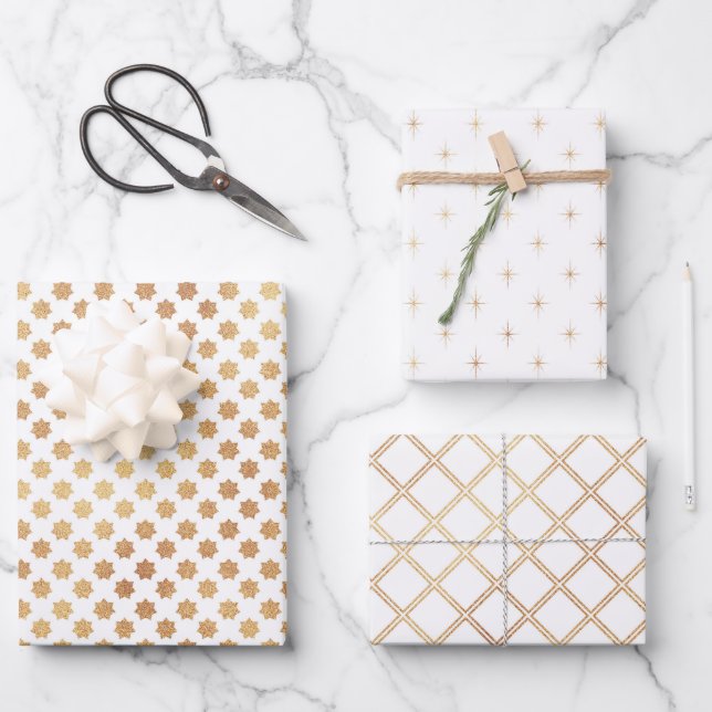 Christmas Chic gold white Star abstract Pattern Wrapping Paper Sheet (Front)