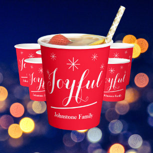 Christmas Chic Script Joyful Name Stylish Cool Red Paper Cups