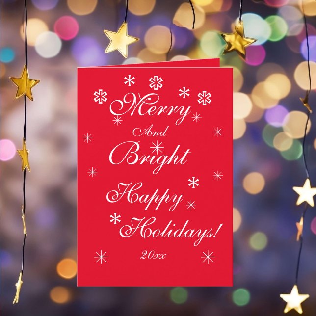 Christmas Chic Script Modern Cool Red Holiday Card (Cheerful "Merry And Bright' customizable chic red Christmas card.)