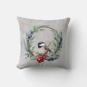 Christmas Chickadee Bird in Wreath Art Cushion