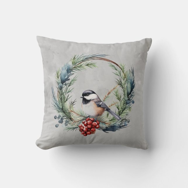Christmas Chickadee Bird in Wreath Art Cushion (Front)