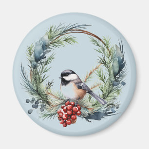 Christmas Chickadee Bird in Wreath Art Magnet
