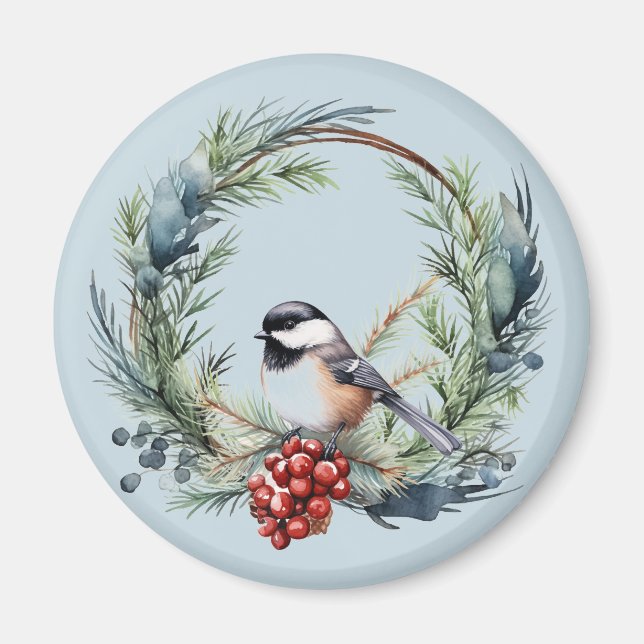 Christmas Chickadee Bird in Wreath Art Magnet (Front)