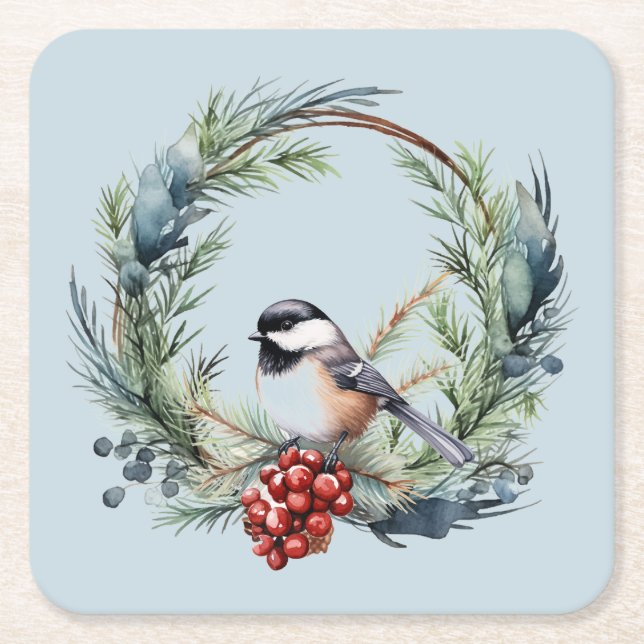 Christmas Chickadee Bird in Wreath Art Square Paper Coaster (Front)
