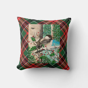 Christmas Chickadee Chatter Plaid Pillow