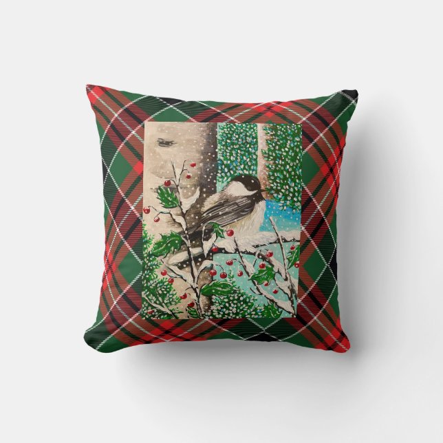 Christmas Chickadee Chatter Plaid Pillow (Front)