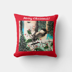 Christmas Chickadee Chatter Red Pillow