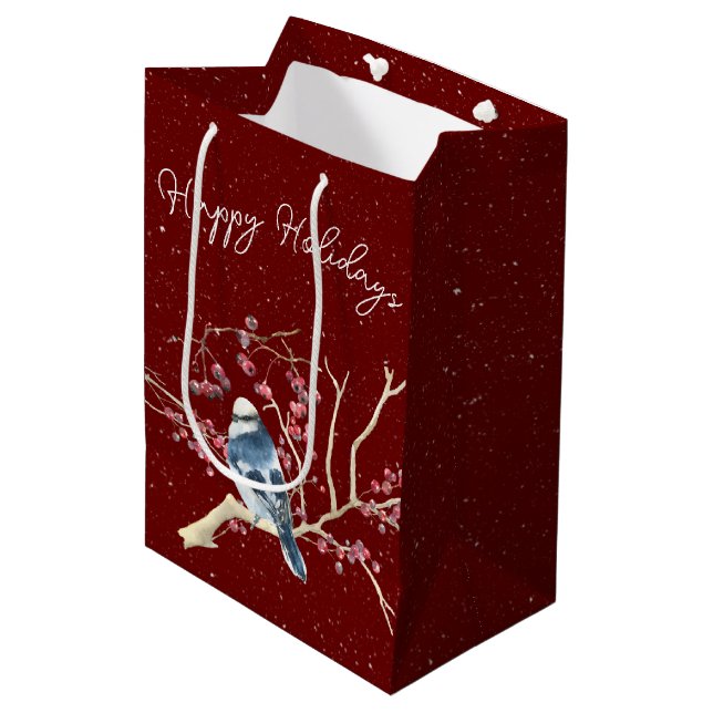 Christmas Chickadee with Berries and Snowflakes Medium Gift Bag (Front Angled)